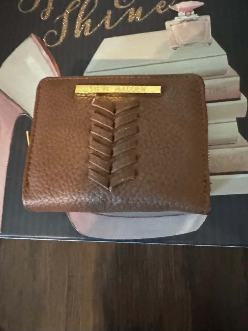 Steve Madden Brown Pebbled Leather Zip Wallet with Braided Accent